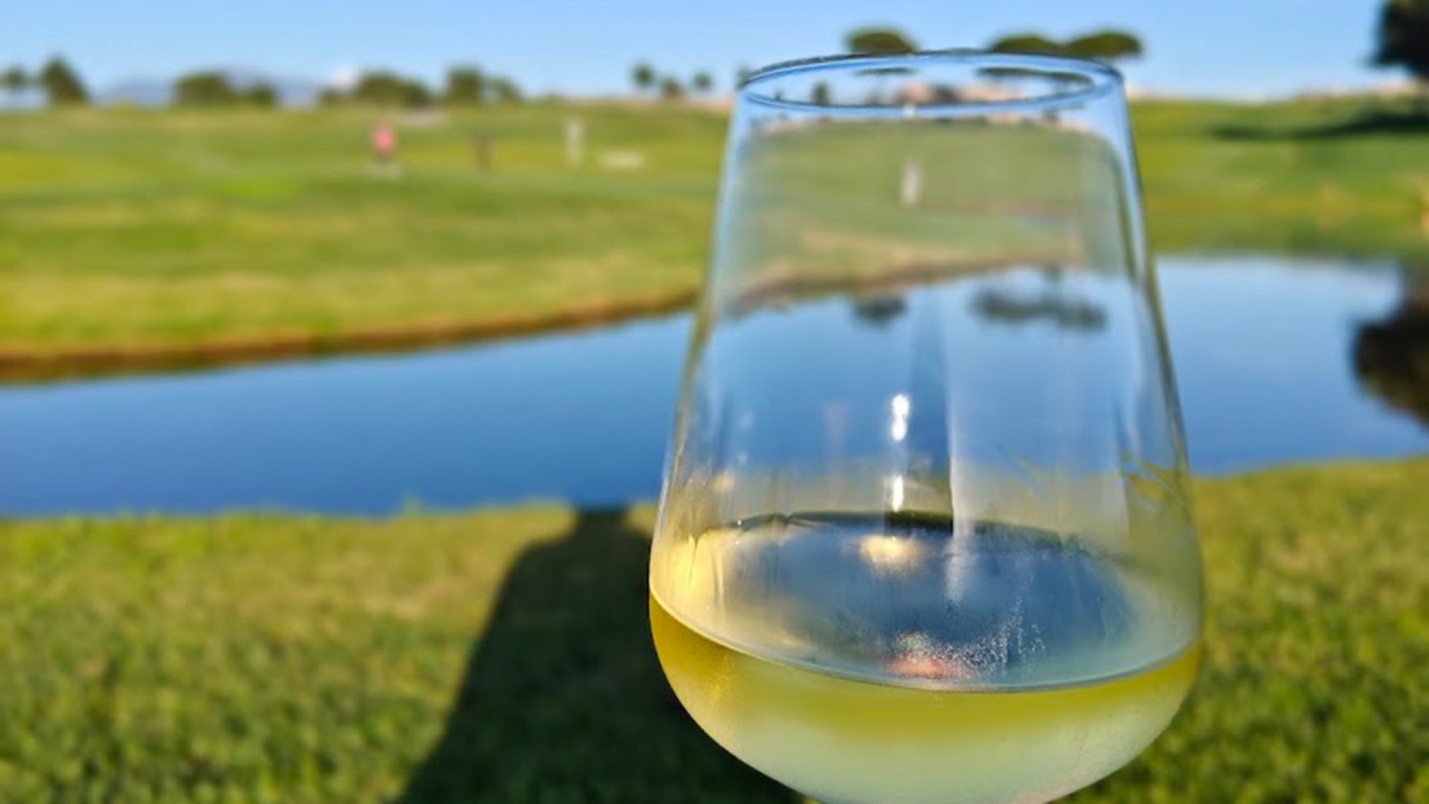 A glass of white wine beside the lake of an Italian golf course
